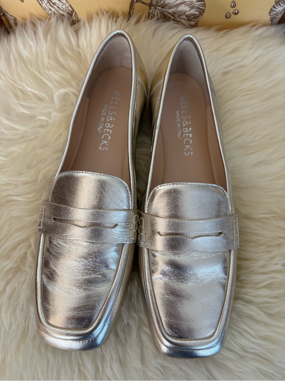 New Bells & Becks Metallic Light Gold Leather Penny Loafers